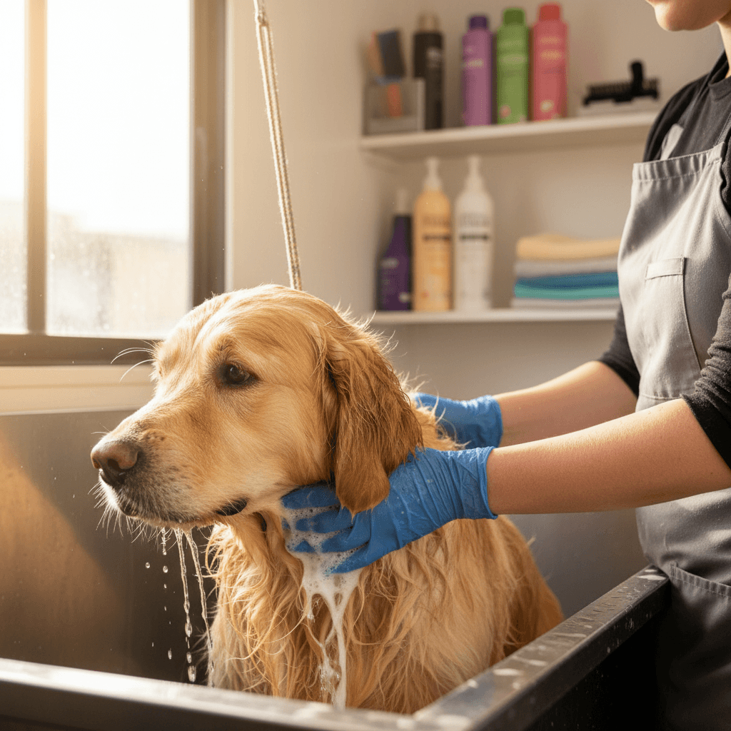 Professional groomer's hands gently bathing a fluffy golden retriever in a mobile grooming vehicle with natural light Professional groomer's hands gently bathing a fluffy golden retriever in a mobile grooming vehicle with natural light