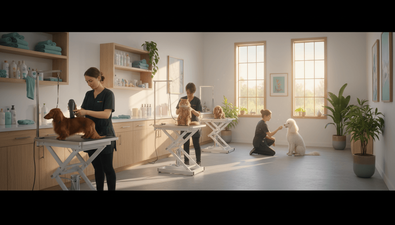 Spacious sunlit grooming salon with multiple groomers caring for different pets at professional stations throughout the facility Spacious sunlit grooming salon with multiple groomers caring for different pets at professional stations throughout the facility