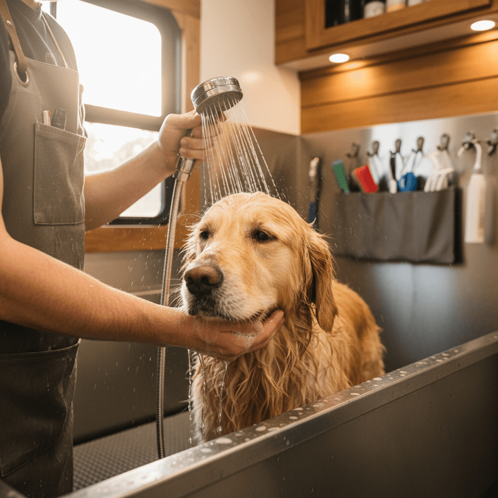 Professional groomer's hands bathing a golden retriever in a mobile grooming unit with warm lighting and professional equipment. Professional groomer's hands bathing a golden retriever in a mobile grooming unit with warm lighting and professional equipment.